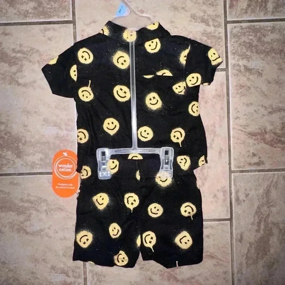 Boy,Wonder Nation,Smiley Face, Short Sleeve Shirt & Shorts Set 3-6M Black Yellow
